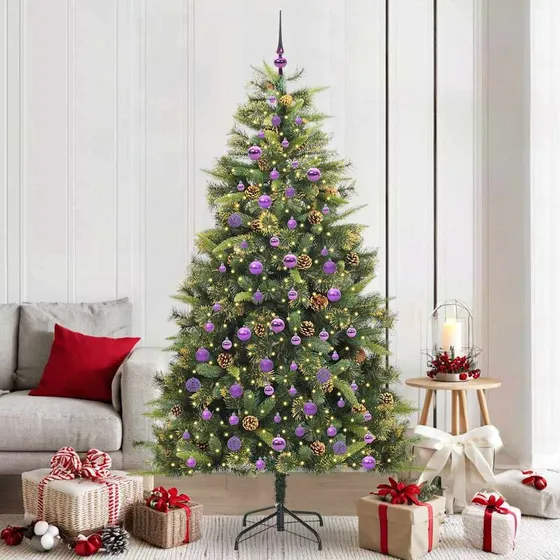 vidaXL Kunstigt Hængslet Juletræ med Kogler og LED, Grøn, 210 cm
