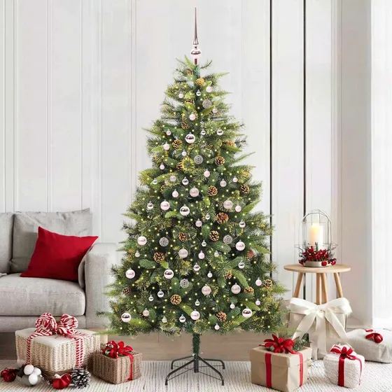 vidaXL Kunstigt Hængslet Juletræ med Kogler og LED, Grøn, 210 cm