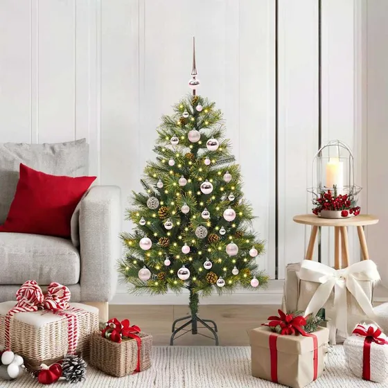vidaXL Kunstigt Hængslet Juletræ med Kogler, LED & Kugler, 120 cm