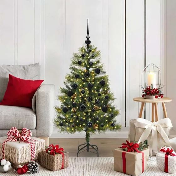 vidaXL Kunstigt Hængslet Juletræ med Kogler, LED & Pynt, Grøn 120 cm