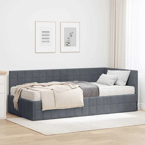 vidaXL Hjørneseng med madras 90x200 cm - Mørkegrå Fløjl