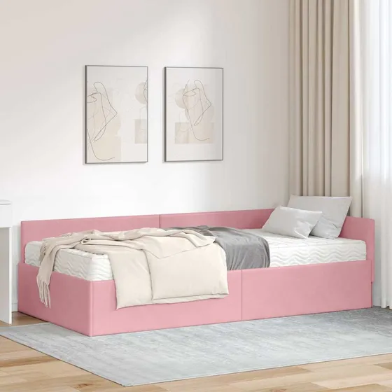 vidaXL Hjørnesengramme med 2 madrasser, Lyserød Fløjl, 90x200 cm