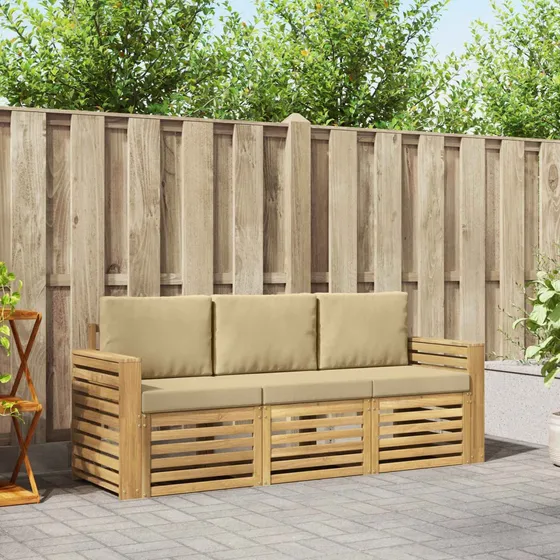 vidaXL Sofasæt 3 stk. i Akacietræ med Hvide og Beige Hynder