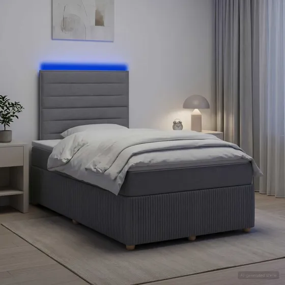vidaXL LED Boksmadrasseng med madras, lysegrå 120 x 190 cm