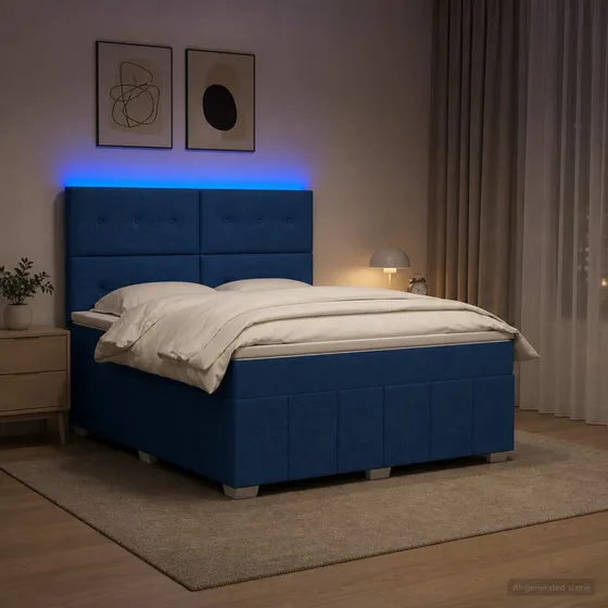 vidaXL LED Boksmadrasseng med madras, Blå, 140 x 200 cm
