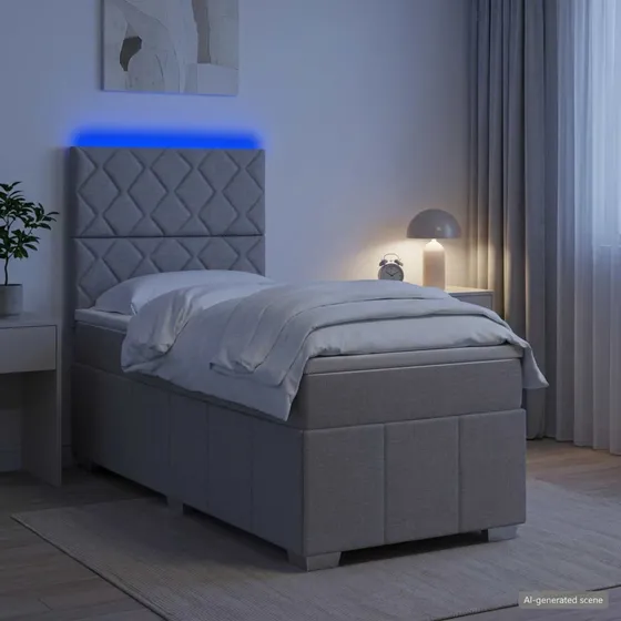 vidaXL LED Boksmadrasseng med madras, Lysegrå, 100 x 200 cm