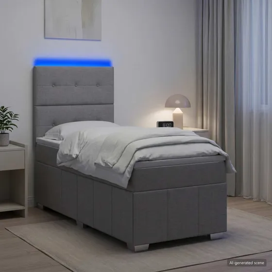 vidaXL LED Boksmadrasseng med madras, Lysegrå, 90 x 200 cm