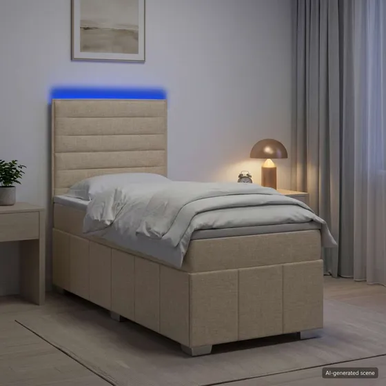 vidaXL LED Boxspringseng med madras, Cremefarvet, 90 x 200 cm