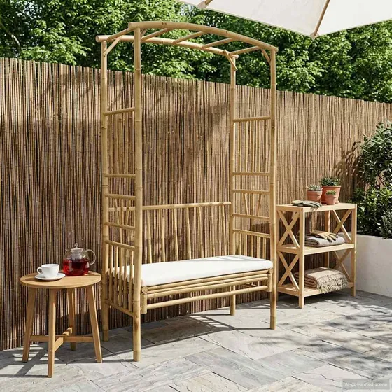 vidaXL Havebue med Bænk i Bambus, Cremehvid - 115 x 50 x 205 cm