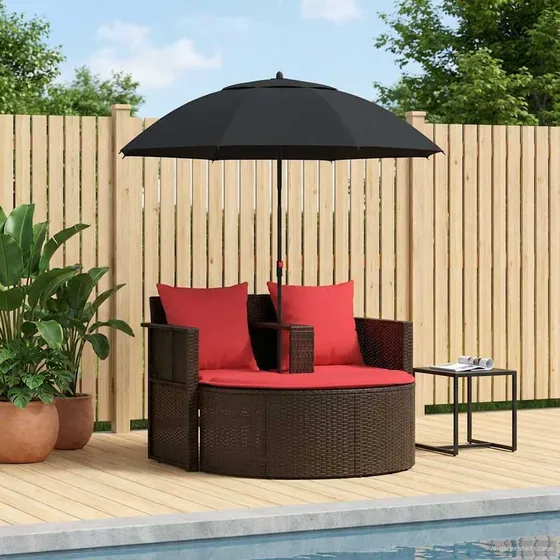 vidaXL Havemøbelsofa Brun/Rød 168x168x180 cm med parasol