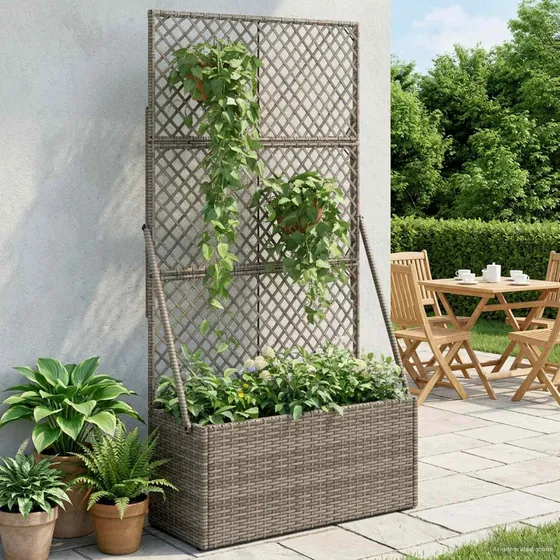 vidaXL Havekrukke med trellis i grå polyrattan, 70 x 30 x 135 cm