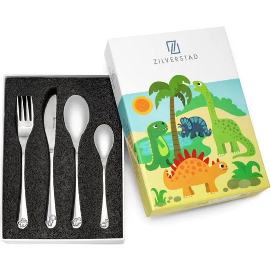 ZILVERSTAD Børnebestik 4 dele med dinosaurgravering
