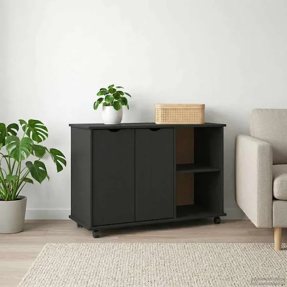 vidaXL Rullende skab i massivt fyrretræ, sort, 100 x 39 x 65,5 cm