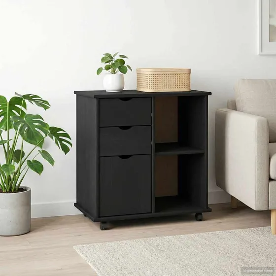 vidaXL Rullende skab i massivt fyrretræ, sort, 63,5 x 39 x 65,5 cm