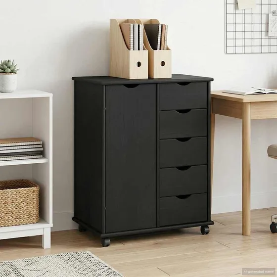 vidaXL Rullende skab i massivt fyrretræ, sort, 63,5 x 39 x 79 cm