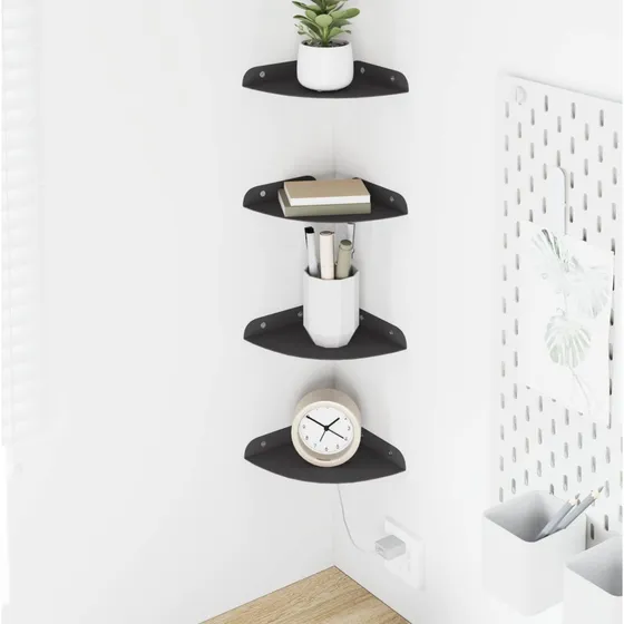 vidaXL Hjørne Flydende Hylde 4 stk. Sort 15 x 15 x 2 cm