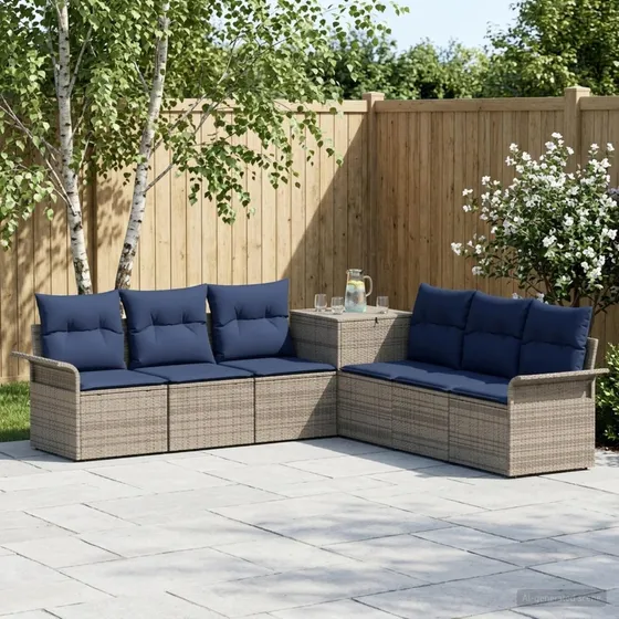 vidaXL Sofa Sæt 7 stk. Grå og Marineblå i Poly Rattan og Stål
