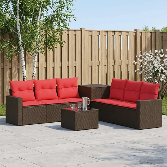 vidaXL Sofa Sæt 8 stk. Brun/Rød Poly Rattan & Stål