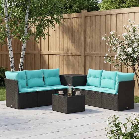 vidaXL Havesofasæt 8 dele i polyrattan, sort og blå