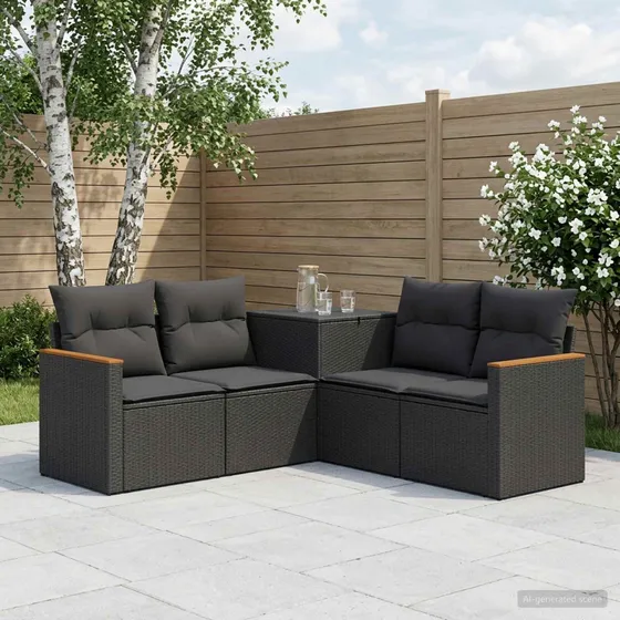 vidaXL Havesofasæt 5 dele i sort poly rattan og stål, 179x179x85 cm