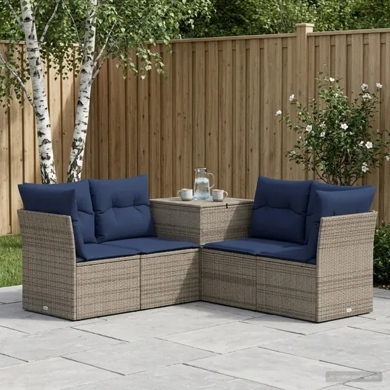 vidaXL Sofa Sæt 5 stk. i Grå Poly Rattan og Marineblå Puder