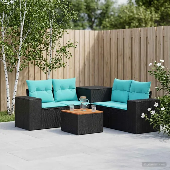 vidaXL Havesofasæt 6 dele Sort/Blå i Polyrattan og Stål