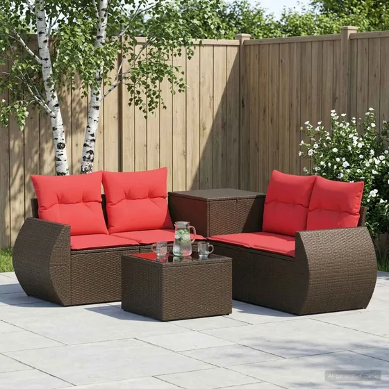 vidaXL Havesofasæt 6 dele i polyrattan og stål, Brun/Rød