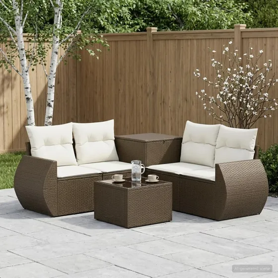 vidaXL Havesofasæt 6 stk. i Polyrattan - Brun/Cremehvid