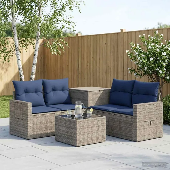 vidaXL Havesofasæt 6 dele i polyrattan og stål, grå/marineblå