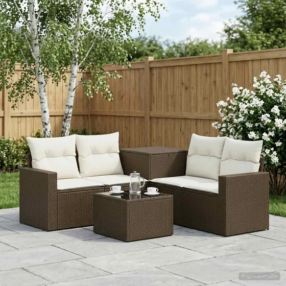 vidaXL Sofa Sæt 6 dele i poly rattan og stål, Brun/Creme