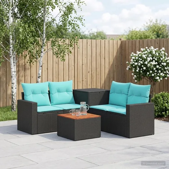 vidaXL Sofa Sæt 6 dele Sort/Blå Poly Rattan & Stål