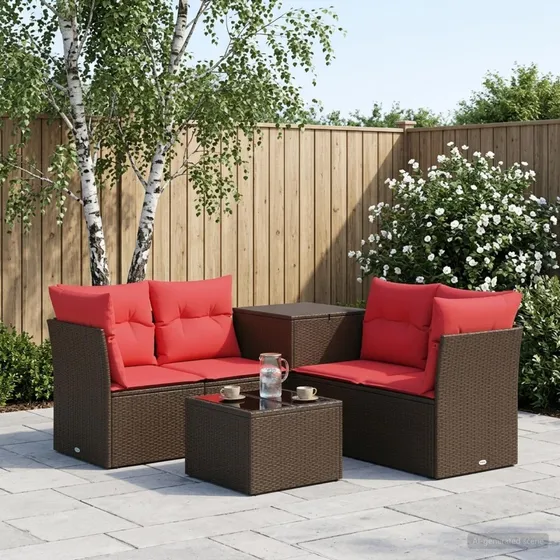 vidaXL Sofa Sæt 6 stk. Brun/Rød Poly Rattan & Stål 55x55x37 cm