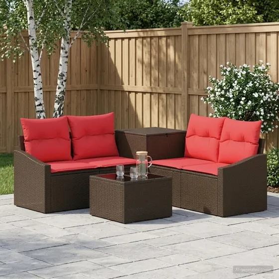 vidaXL Sofa Sæt 6 stk. Brun/Rød i Poly Rattan og Stål