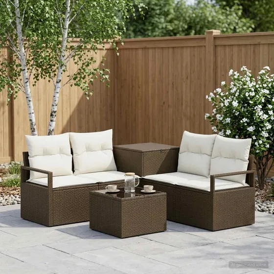 vidaXL Loungesæt 6 dele i poly-rattan, Brun/Cremehvid