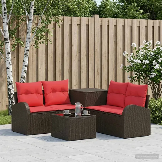 vidaXL Sofa Sæt 6 stk. Brun/Rød Poly Rattan & Stål