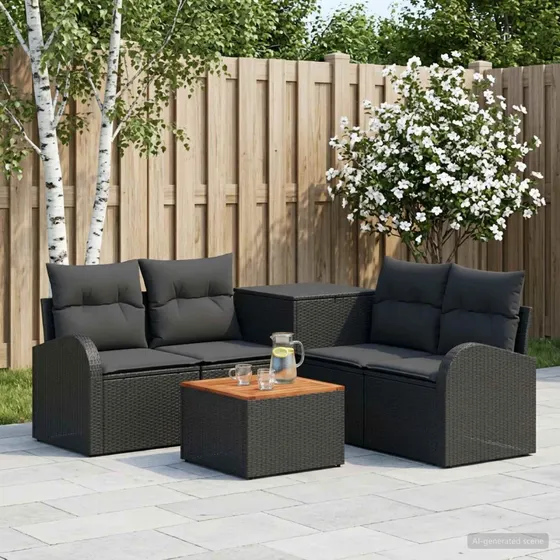vidaXL Sofa Sæt 6 dele Sort Poly Rattan og Stål