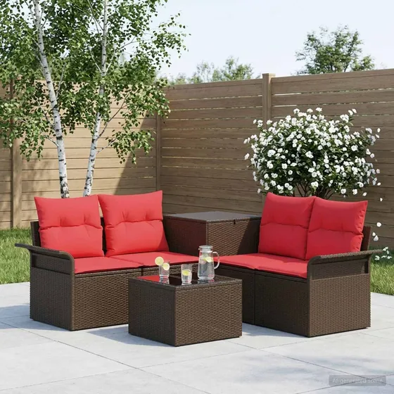vidaXL Sofa Sæt 6 dele, 4-personers, Brun/Rød Polyrattan & Stål