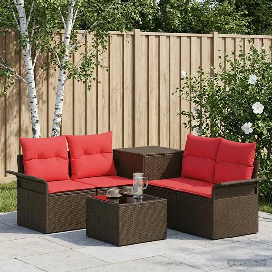 vidaXL Sofa Sæt 6 dele, 4-personers, Brun/Rød Poly Rattan
