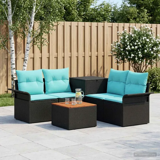 vidaXL Sofa Sæt 6 stk. 4-personers Sort/Blå Poly Rattan & Stål