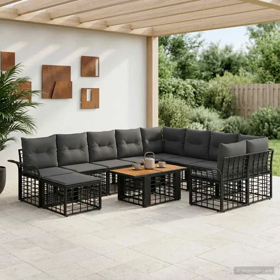vidaXL Havesofa Sæt 11 stk. Sort og Mørkegrå Polyrattan