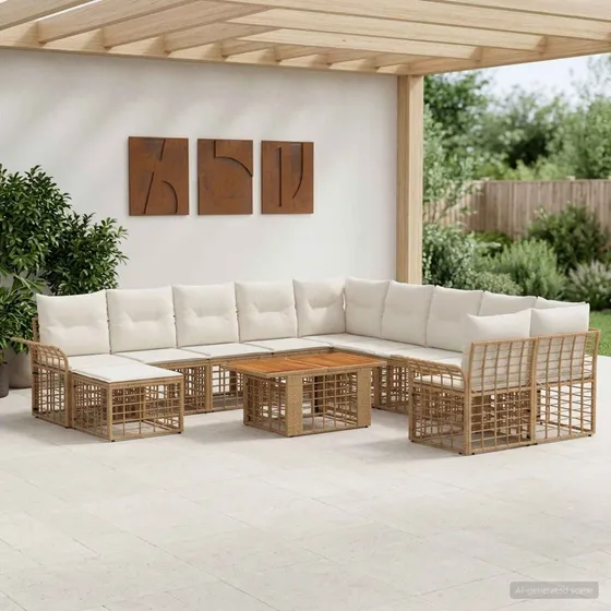 vidaXL Havesofasæt 12 dele i polyrattan - Naturlig/Cremehvid