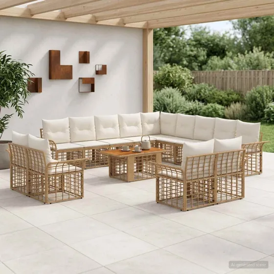 vidaXL Havesofasæt 14 dele i polyrattan, Naturlig/Creme Hvid