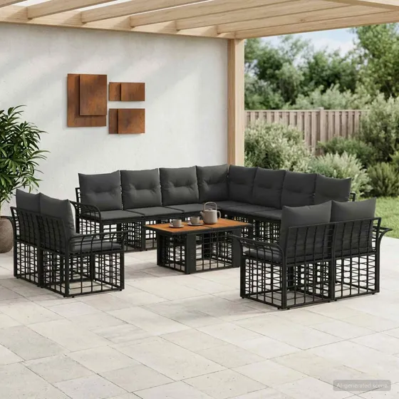 vidaXL Havesofa Sæt 12 stk. Sort og Mørkegrå Polyrattan