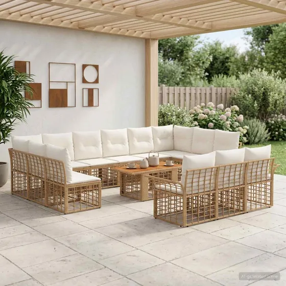 vidaXL Havesofasæt 14 dele i polyrattan, naturlig/cremehvid