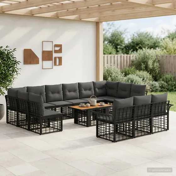 vidaXL Havesofasæt 14 stk. Sort og Mørkegrå Polyrattan