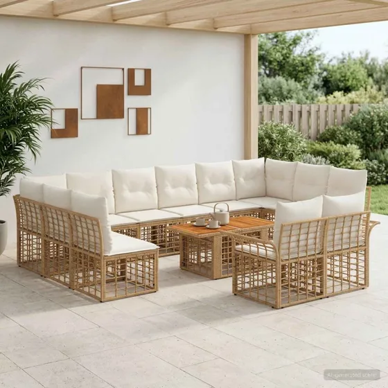 vidaXL Havesofasæt 13 dele i polyrattan, naturlig/cremehvid