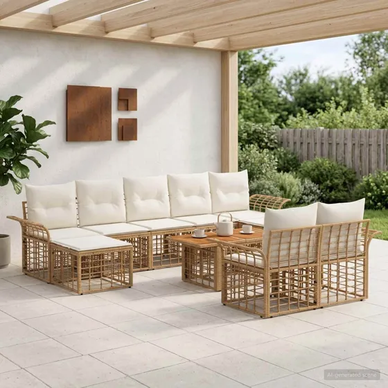 vidaXL Havesofasæt 10 dele i polyrattan - Natur/Creme Hvid