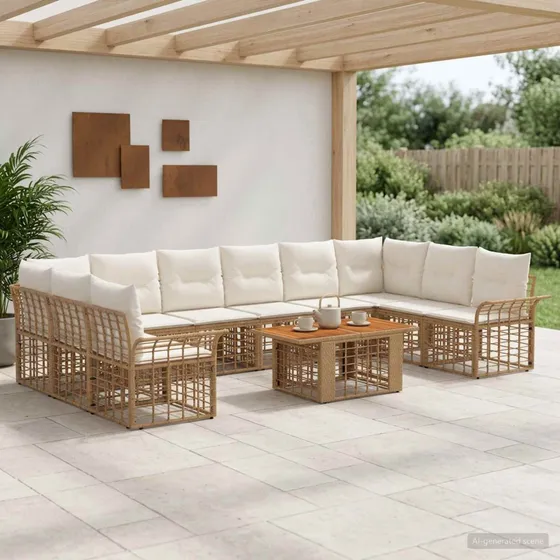 vidaXL Havesofa Sæt 11 stk. i Polyrattan - Naturlig/Cremehvid