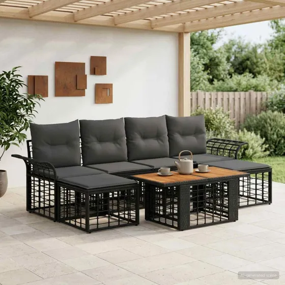 vidaXL Havesofasæt 7 stk. i sort og mørkegrå polyrattan