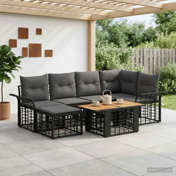 vidaXL Havesofa Sæt 7 stk. Sort og Mørkegrå Polyrattan